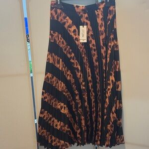 Milly Black & Brown Pleated Animal-Print Midi Skirt